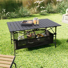 Load image into Gallery viewer, Aluminum Roll-Top Foldable Camp Table with Mesh Shelf
