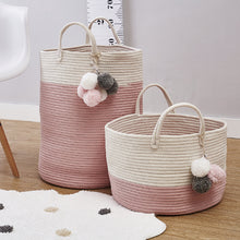 Load image into Gallery viewer, Woven Basket Baby Kids Toys Storage Clothes Hamper Laundry Basket with Pom Poms
