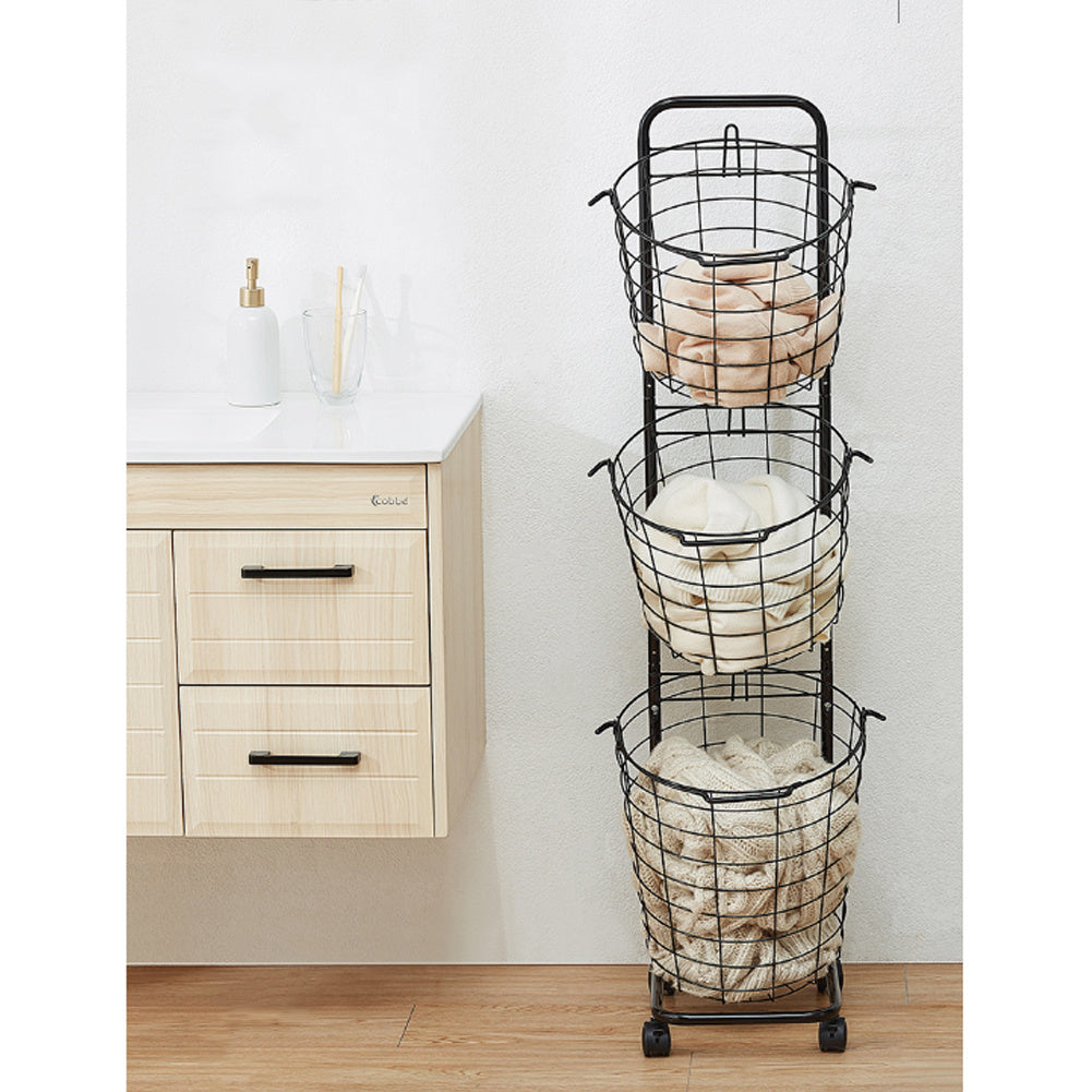 3-Tier Iron Rolling Laundry Basket with Wheels