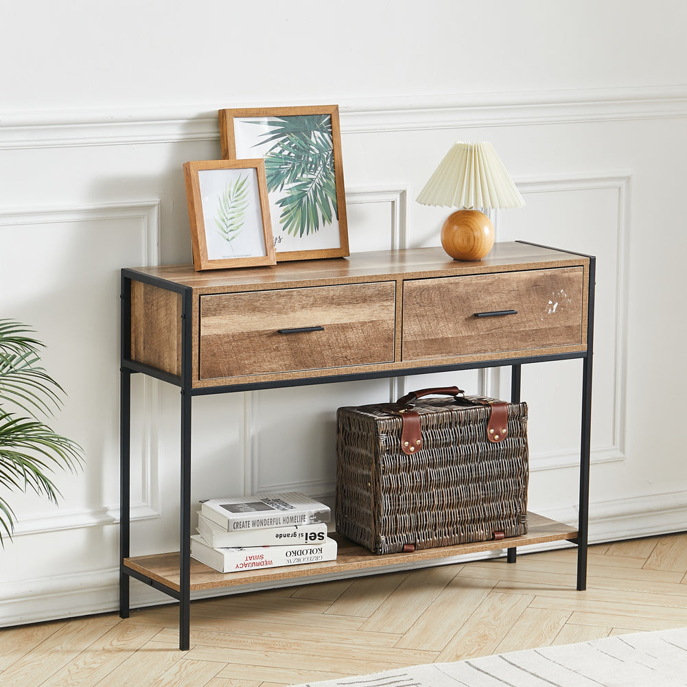 Rustic Console Table Metal Frame for Hallway with Drawers