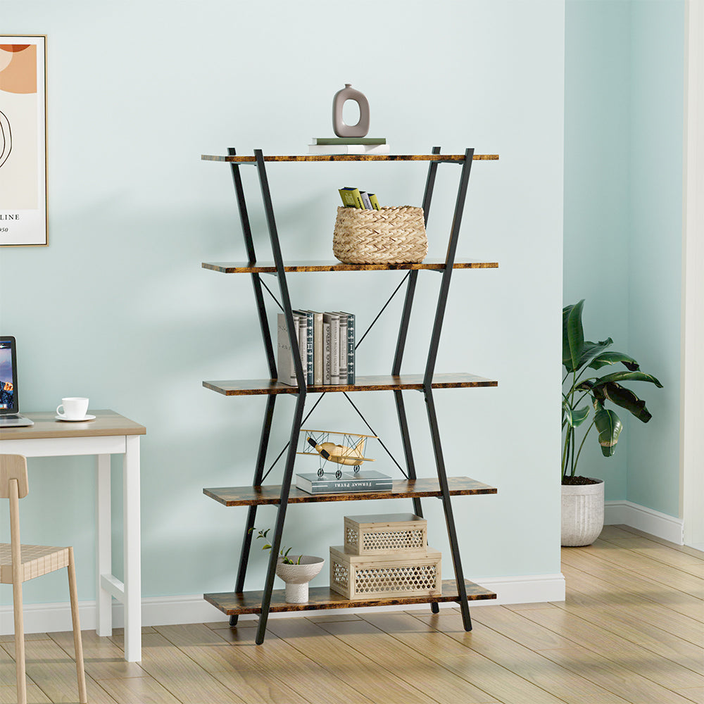 Industrial 5-Tier Open Bookshelf in Brown and Black