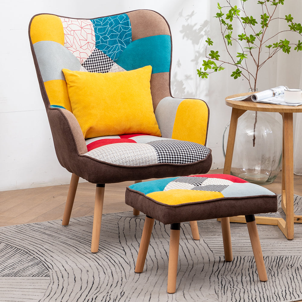 Upholstered Wingback Armchair with Footrest and Cushion