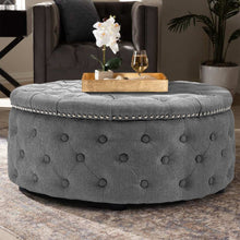 Load image into Gallery viewer, Dia 75cm Linen Tufted Round Cocktail Ottoman with Solid Wood Footstools Living and Home 
