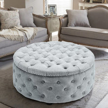 Load image into Gallery viewer, Dia 75cm Linen Tufted Round Cocktail Ottoman with Solid Wood Footstools Living and Home Grey White 
