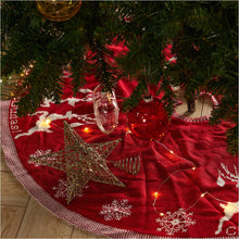 Load image into Gallery viewer, Rustic Red Knitted Double-Sided Christmas Tree Skirt with Snowflake and Reindeer Decor Living and Home 
