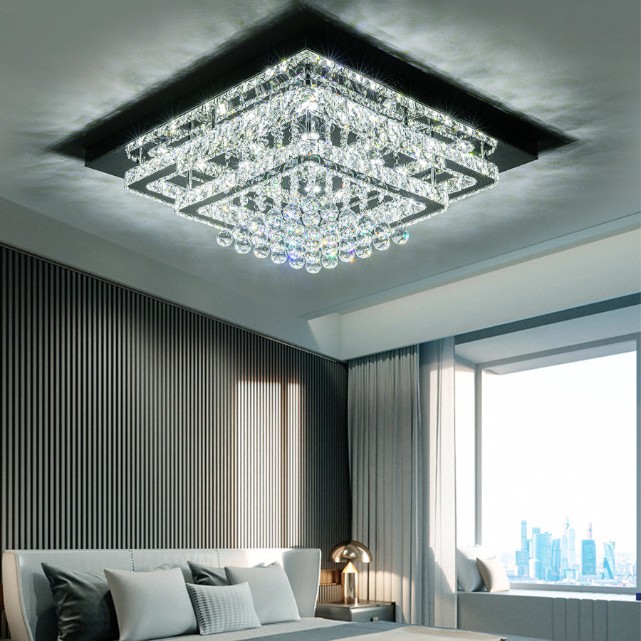 60cm W Double-Layer LED Ceiling Light Fixture with Crystal Drops ...