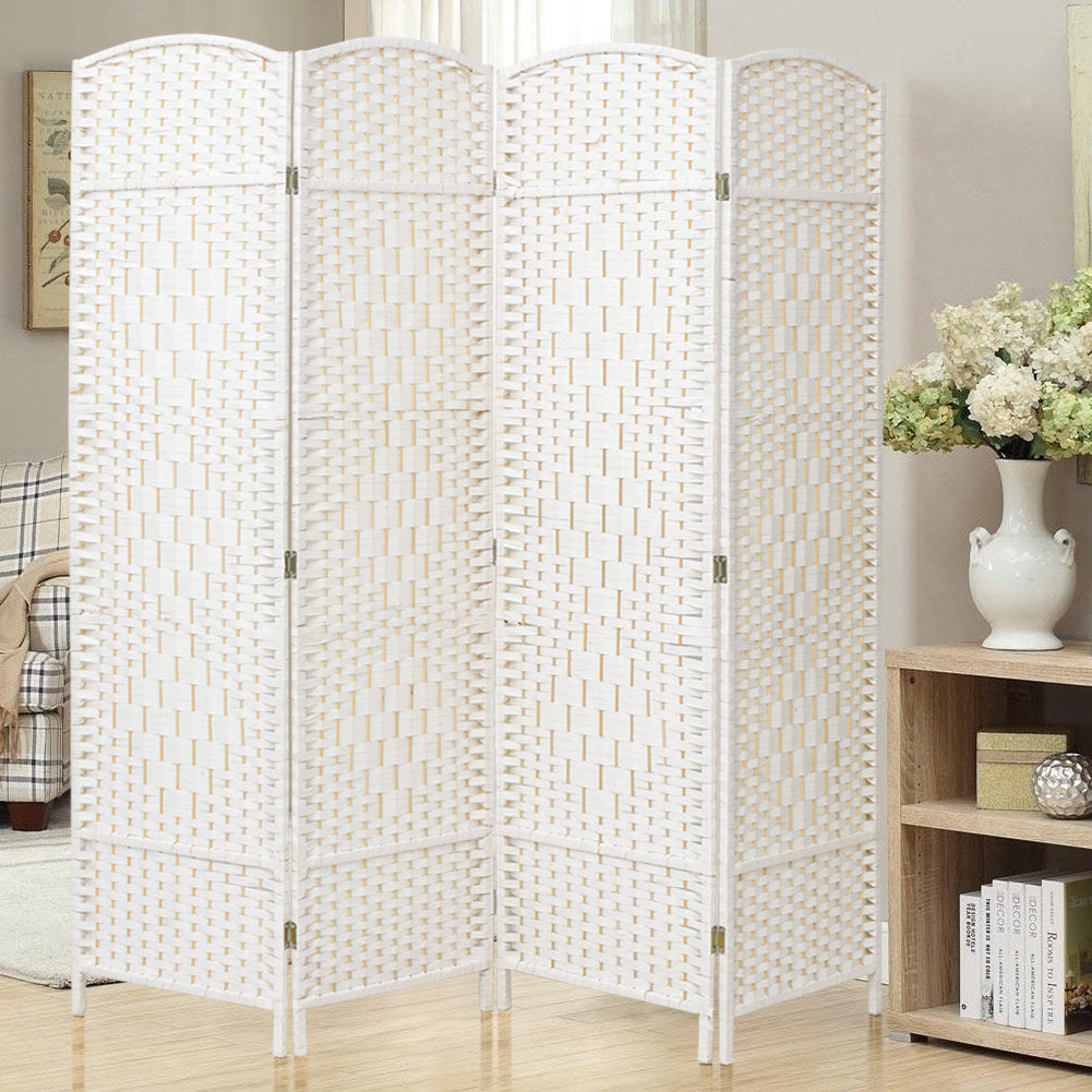 White Solid Weave Wicker Wood Room Divider