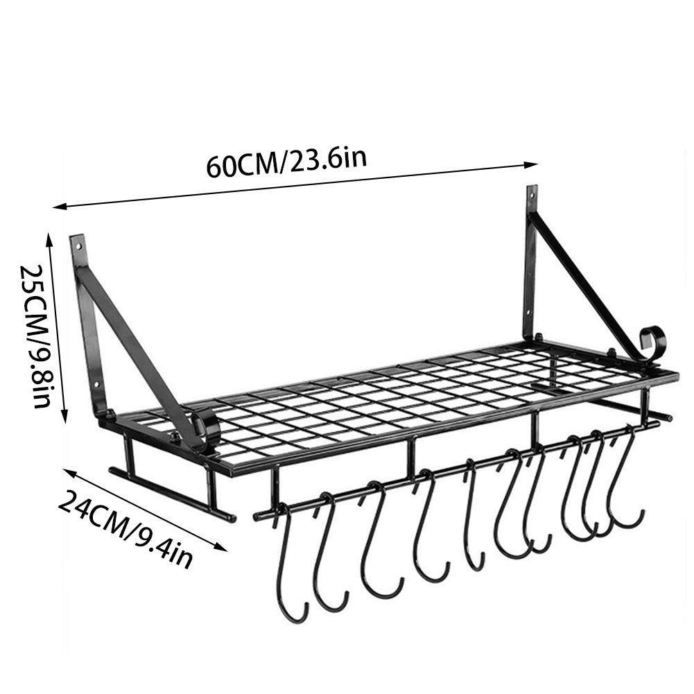 Kitchen Metal Shelves Saucepan Pan Pot Rack Storage Shelf with 10 Hooks Wall Mounted