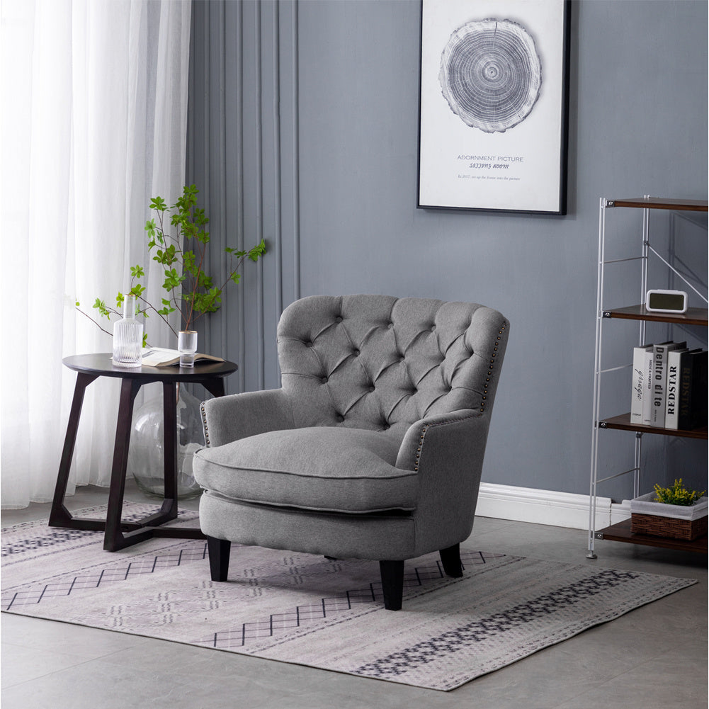 Classic Linen Armchair with Wooden Legs