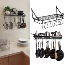 Load image into Gallery viewer, Kitchen Cookware Organiser Rack Wall Mounted Hanging Pot Pan Shelf With Hooks
