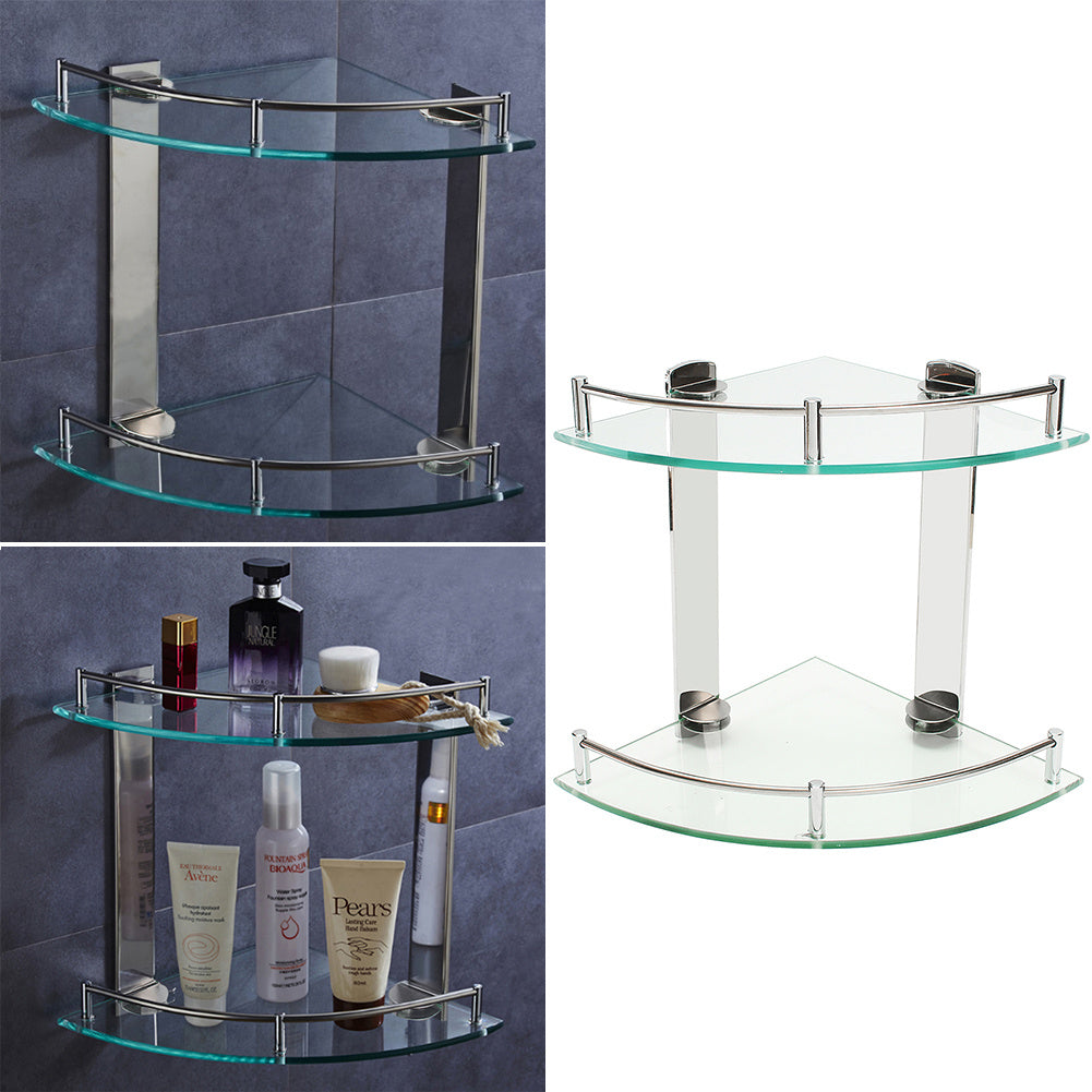 2 Tier Glass Corner Floating Storage Shelves Tidy Bathroom Shower Organizer Rack