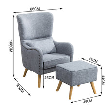 Load image into Gallery viewer, Fabric Armchair Wing Back with Footstool Light Grey
