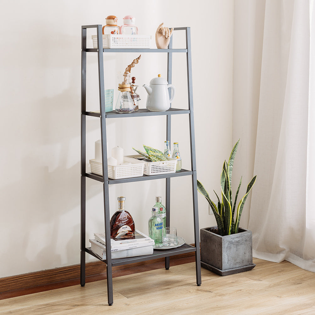 4 Tier Leaning Ladder Bookshelf Shelving Plant Step Rack, Black