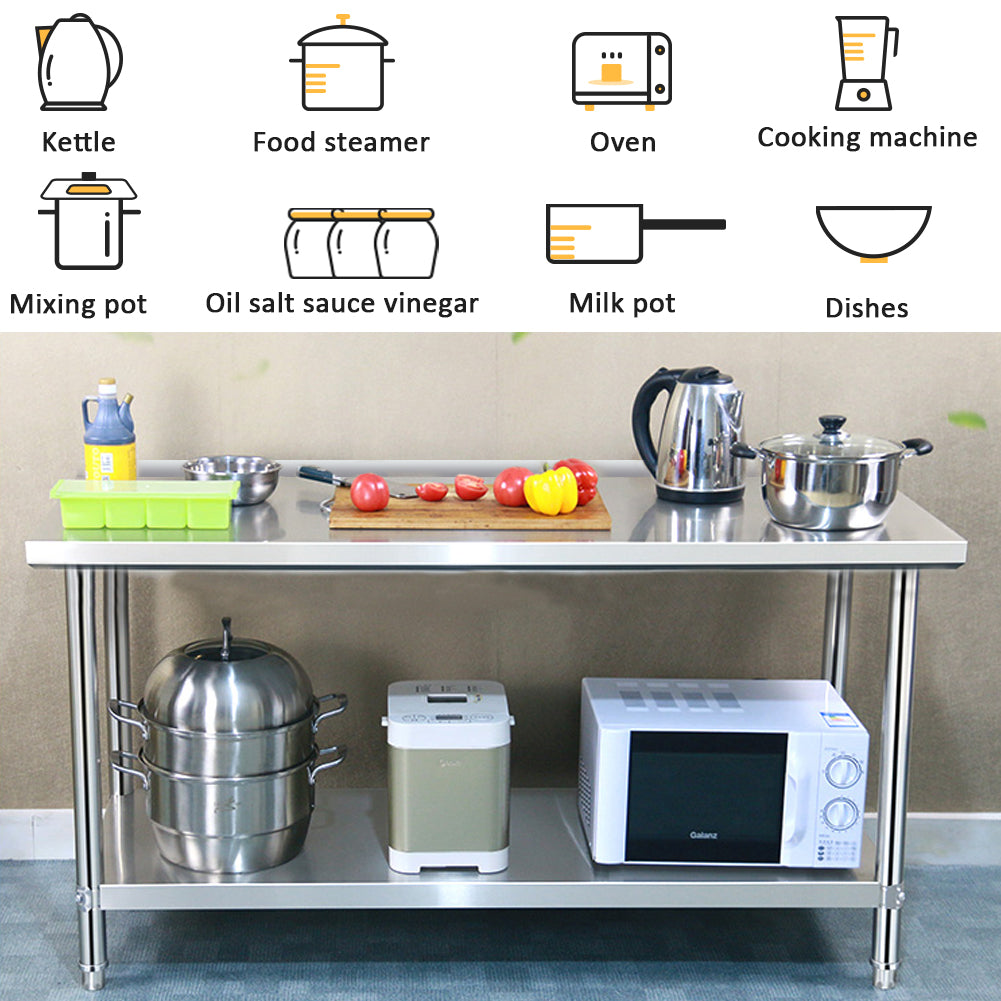 2 Tier Stainless Steel Commercial Catering Table Work Bench Kitchen Worktop Backsplash