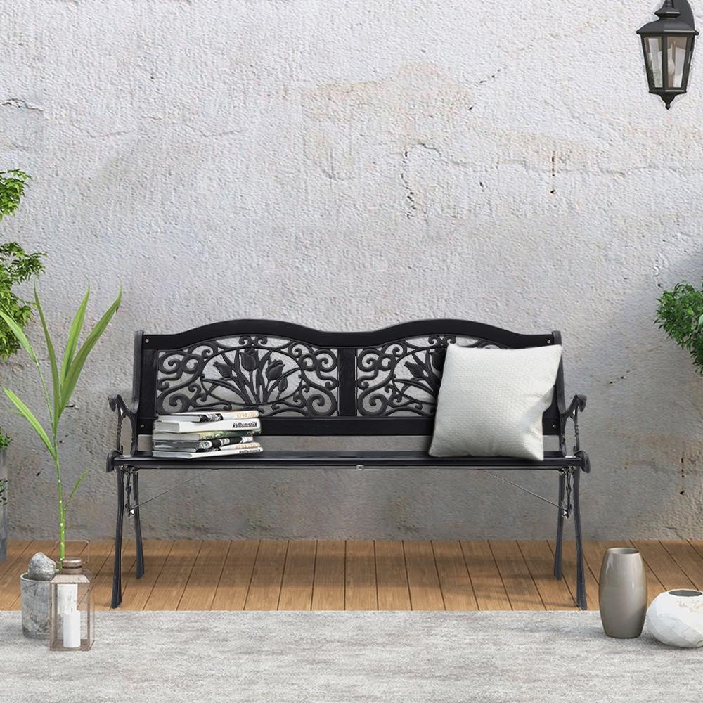 2-Seater Black Wooden Garden Bench Patio Park Steel Porch Path Chair Outdoor