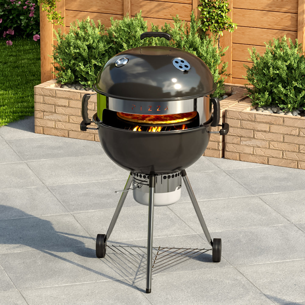 Outdoor Camping 2-In-1 Kettle BBQ Grill Charcoal Barbecue Stove with Pizza Oven