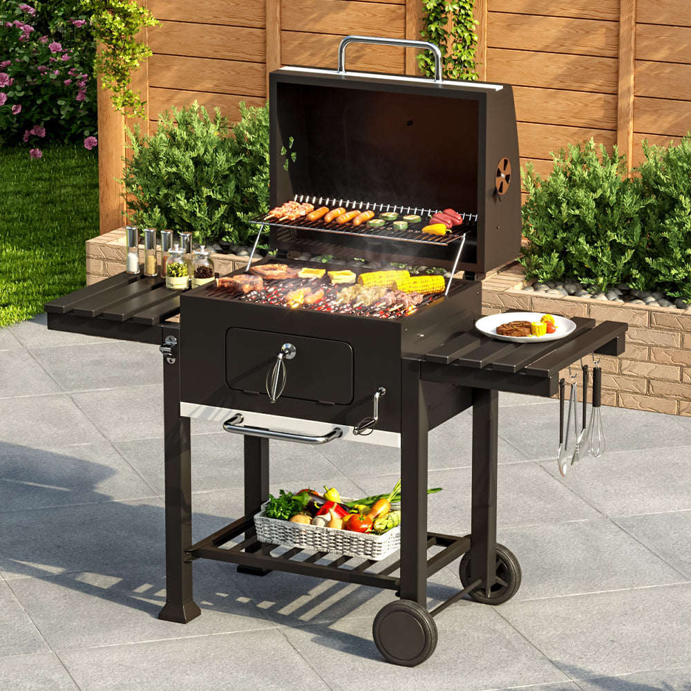 Large BBQ Grills Stove Trolley Barbecue Cart Built in Thermometer with Wheels-2 Size