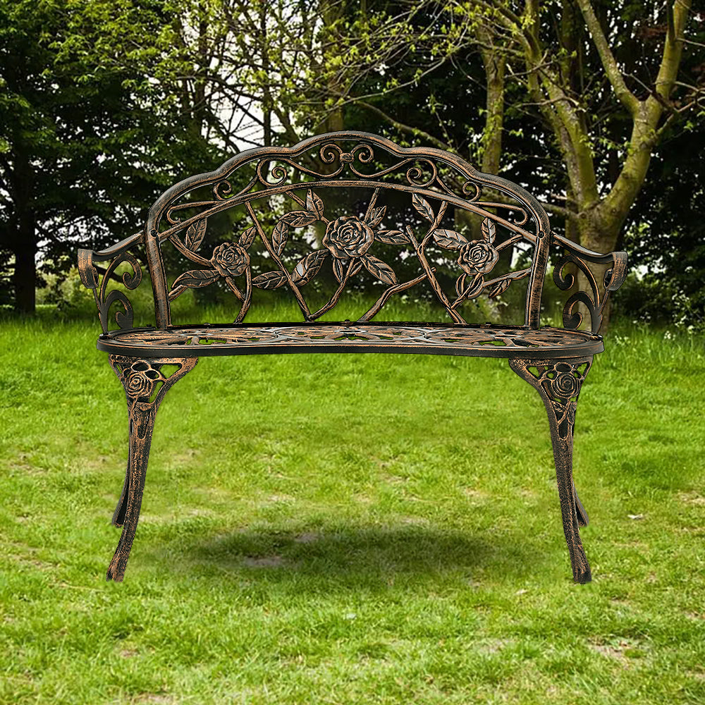 Copper Rose Cast Iron Park Bench Vintage Seating Garden Chairs Outdoor Furniture