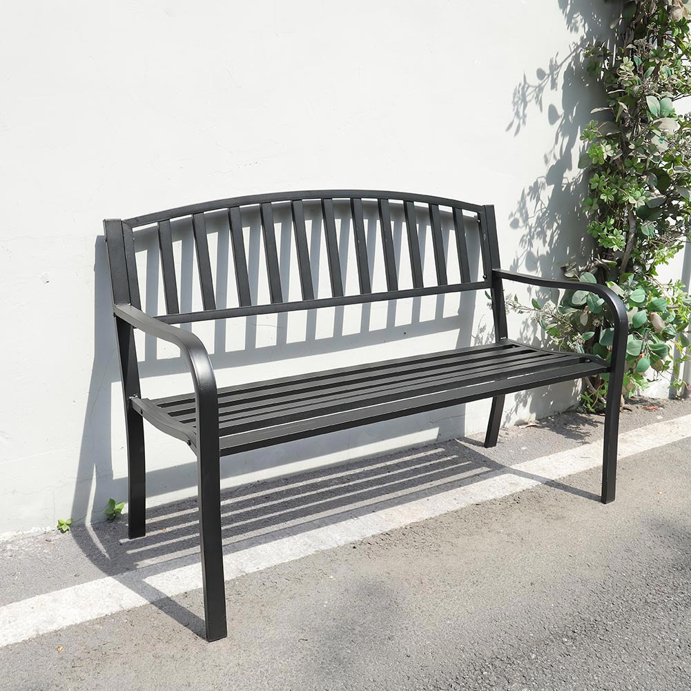 Black Garden Bench Patio Chair Cast Iron Metal Slat Seat Backrest Outdoor Picnic