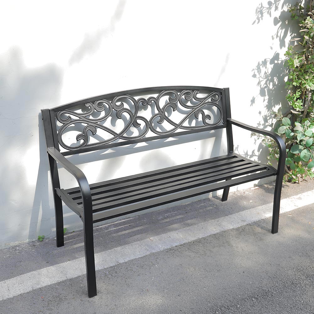 Cast Iron Garden Bench with Curved Vines 3-Seater Parkyard Furniture Black