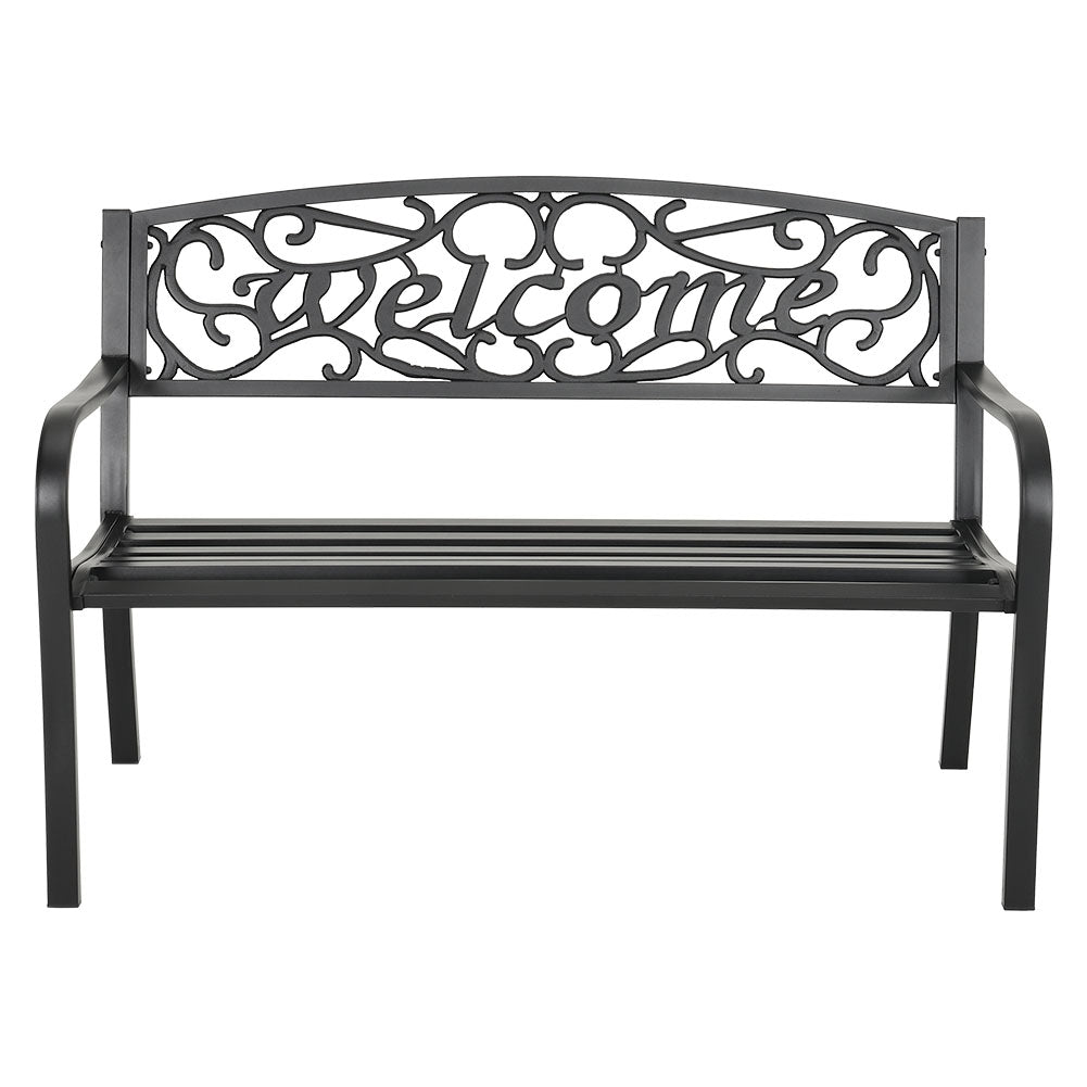 Modern Garden Bench Cast Iron Backrest Welcome Design Outdoor Patio Chair Seat