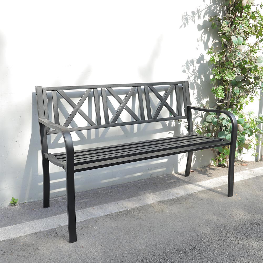 Cast Iron Garden Bench with X-Shaped Pattern 3-Seater Parkyard Seating