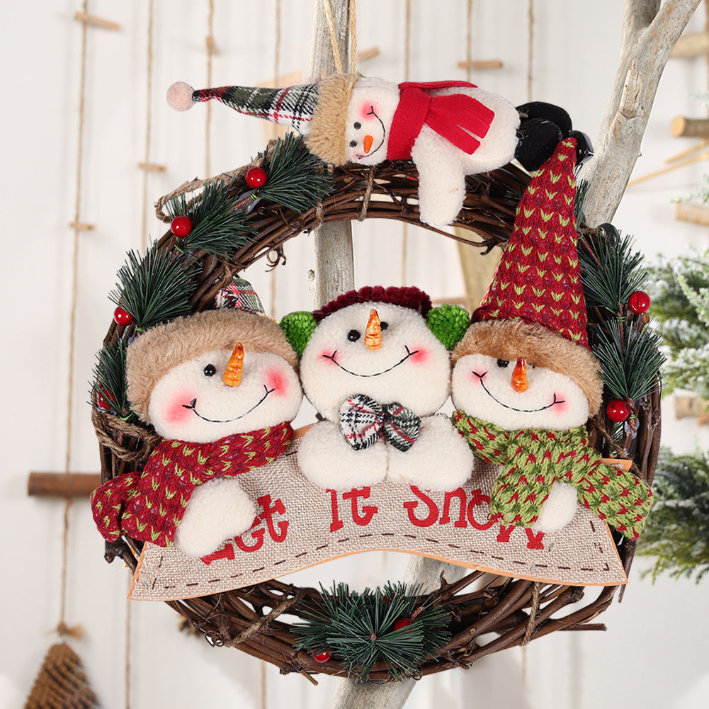 Livingandhome 29cm Christmas Handcraft Wicker Wreath with Xmas Snowman Dolls, CD0386