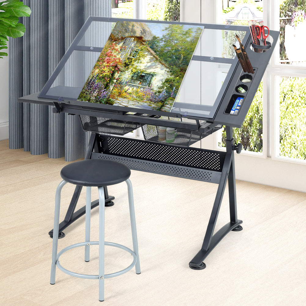 Temper Glass Drawing Desk with Stool Chair - Black