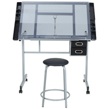 Load image into Gallery viewer, Tiltable Temper Glass Tabletop Drawing Board Desk with Stool Chair Art Craft Table - Grey
