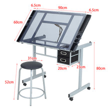 Load image into Gallery viewer, Tiltable Temper Glass Tabletop Drawing Board Desk with Stool Chair Art Craft Table - Grey
