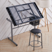 Load image into Gallery viewer, Tiltable Temper Glass Tabletop Drawing Board Desk with Stool Chair Art Craft Table - Grey
