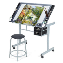 Load image into Gallery viewer, Tiltable Temper Glass Tabletop Drawing Board Desk with Stool Chair Art Craft Table - Grey
