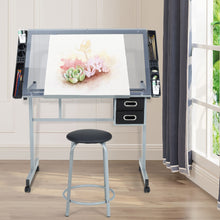 Load image into Gallery viewer, Tiltable Temper Glass Tabletop Drawing Board Desk with Stool Chair Art Craft Table - Grey
