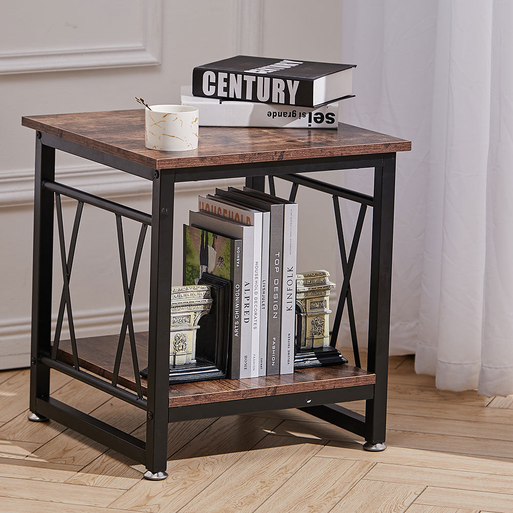 Industrial Square Coffee Table Sofa Side Table with Shelf Wood Top Bedside Stand