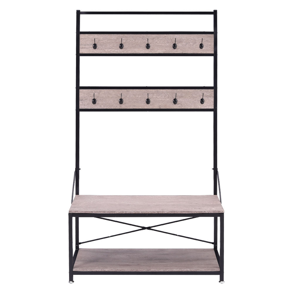 Wood and Metal Coat Rack with Shoe Bench, Storage Shelf Organizer, Accent Furniture with Metal Frame