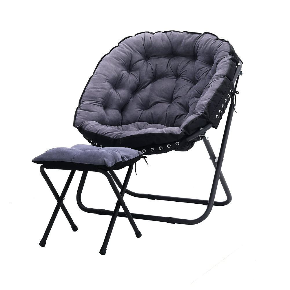 Large Folding Camping Chair Padded Moon Chair Garden Outdoor Round w/ Footstool