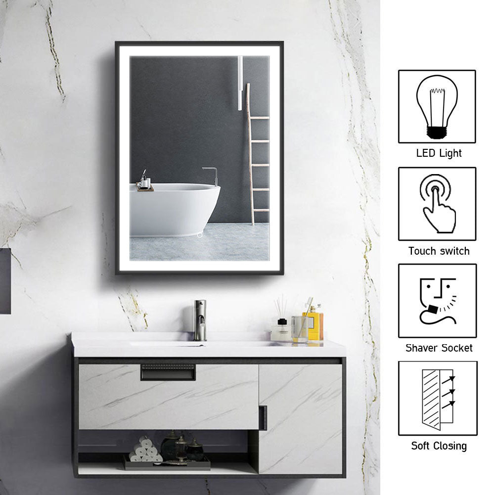 LED Illuminated Bathroom Touch Sensor Mirror Cabinet Black Frame