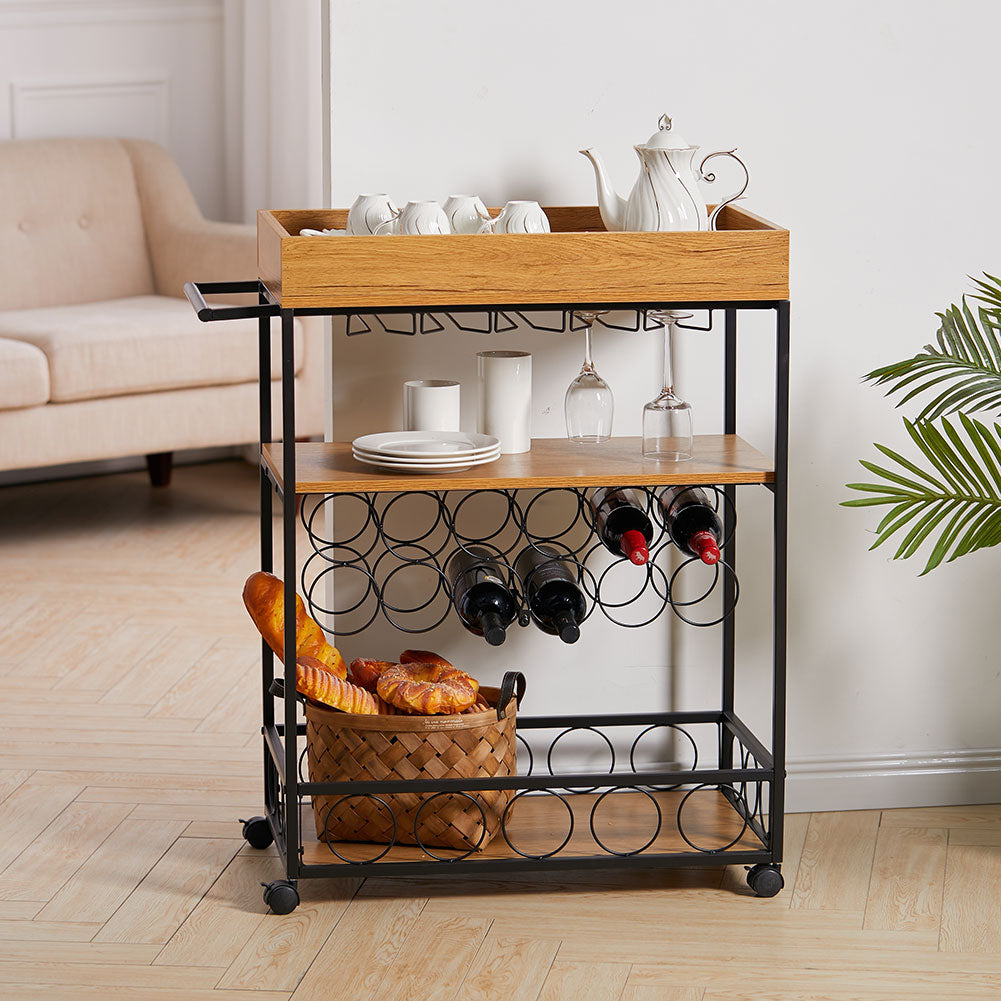 3 Tier Industrial Vintage Wood Metal Kitchen Serving Trolley