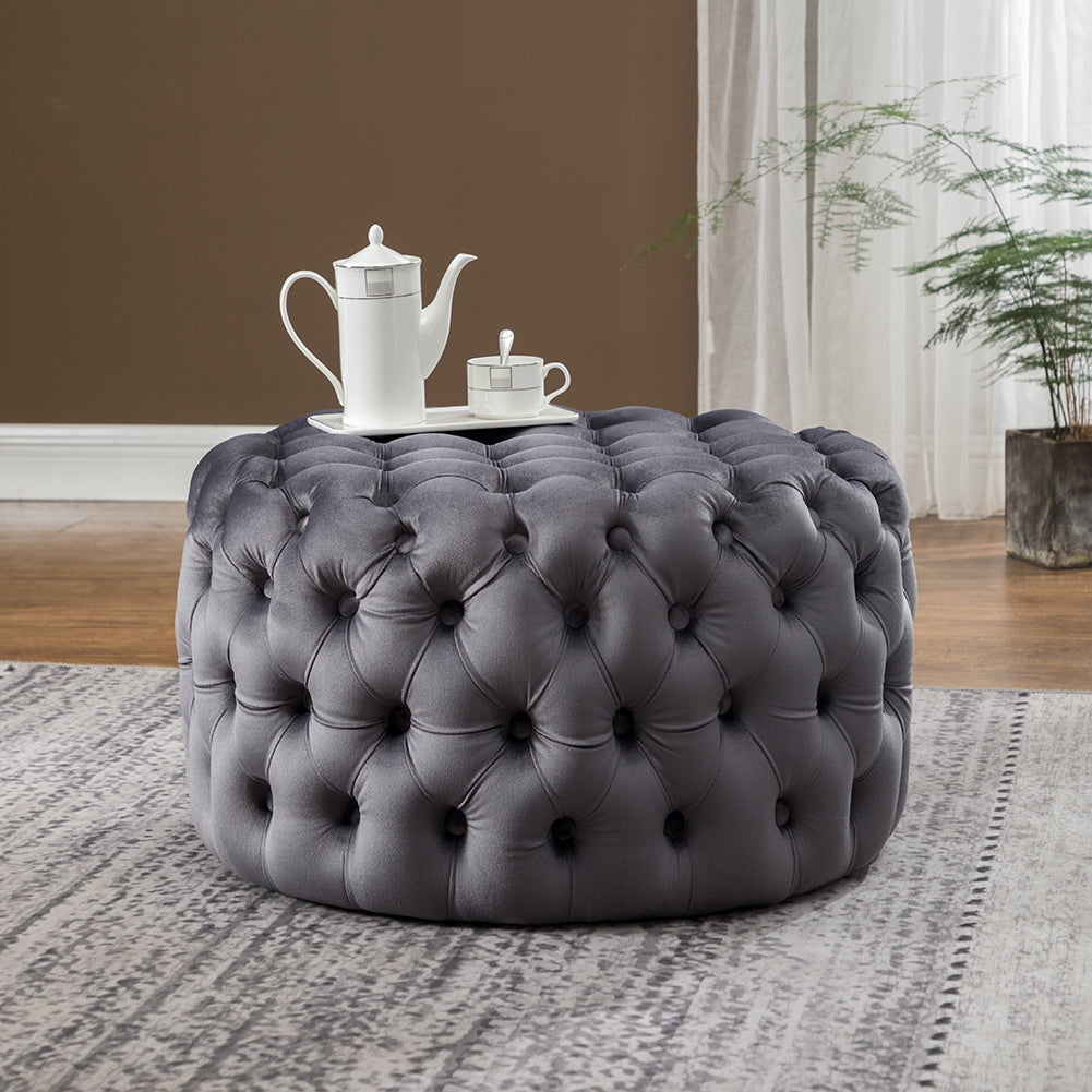 70CM Round Velvet Buttoned Footstool