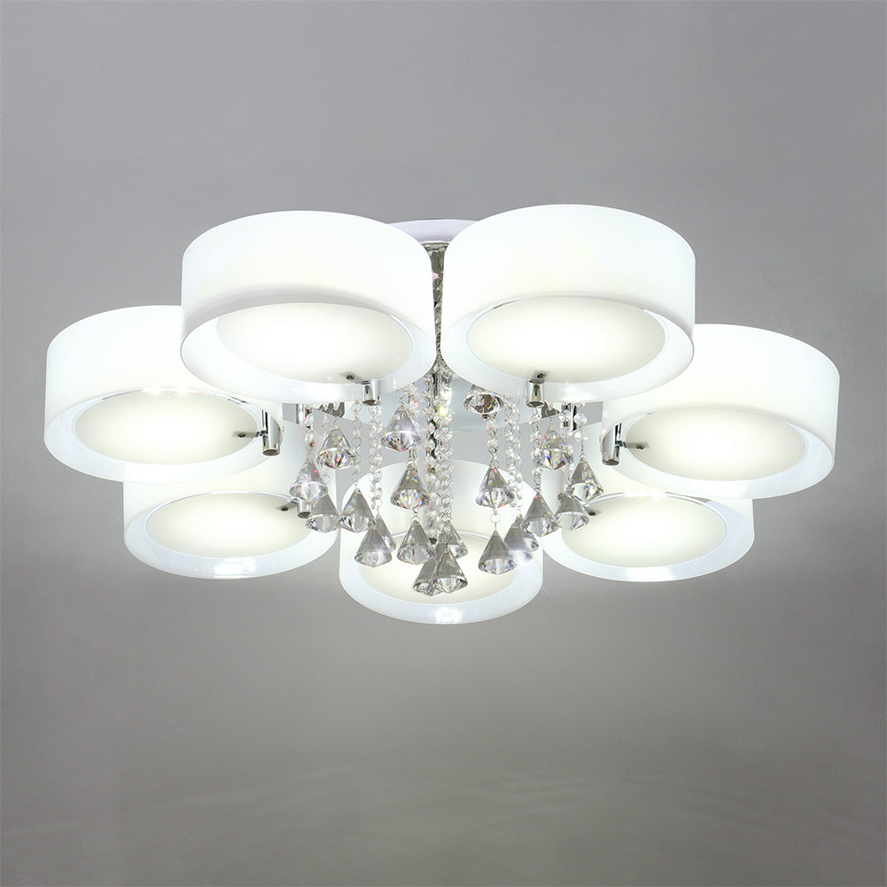 7-Light Modern Round Acrylic LED Semi Flush Mount with Crystal Accent