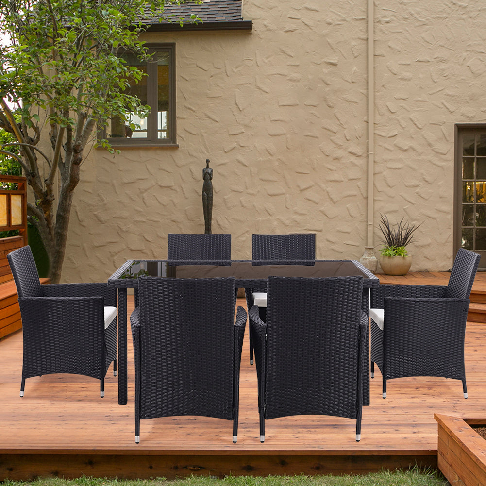 Outdoor Garden Dining Sets with Long Rattan Table and 6Pcs Rattan Chairs with Cushions, LG0899LG0902LG0904