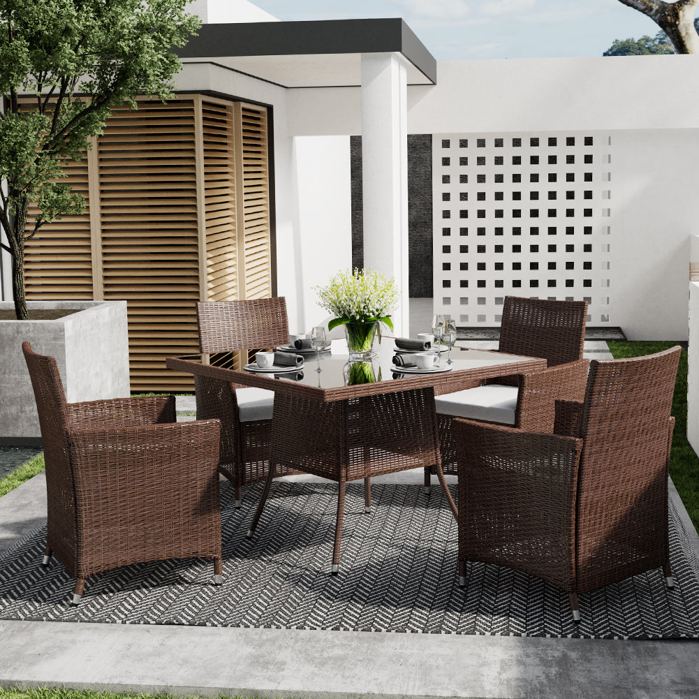 Outdoor Garden Dining Sets with Long Rattan Table and 4Pcs Rattan Chairs with Cushions, LG0898LG0905