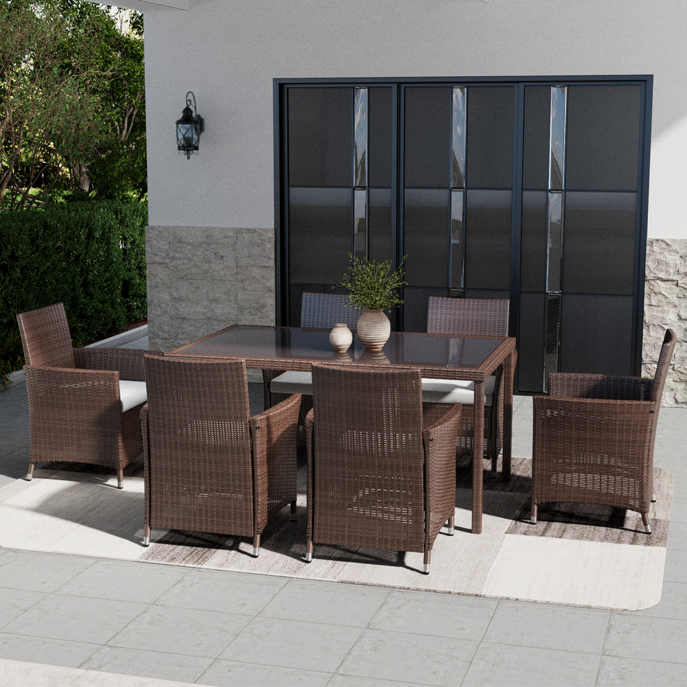 Outdoor Garden Dining Sets with Long Rattan Table and 6Pcs Rattan Chairs with Cushions, LG0898LG0903LG0905