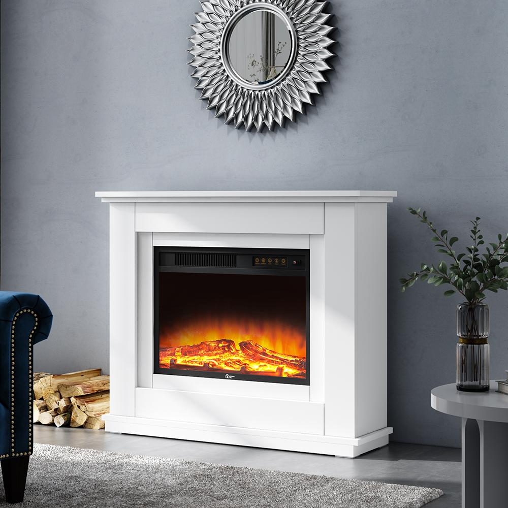 Electric Inset Fireplace Heater Fire Place White Wooden Mantel