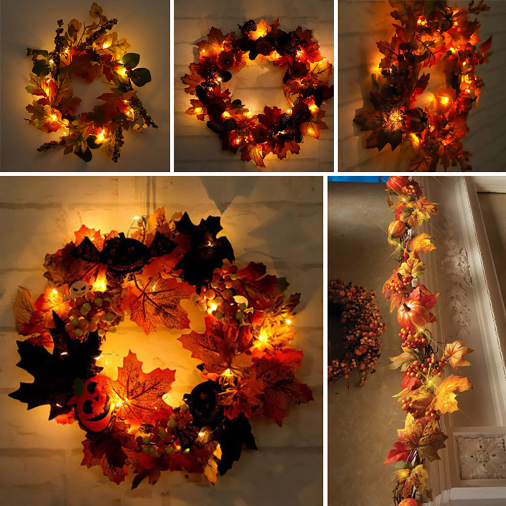 40CM Christmas Halloween Garland Autumn Leaf Artificial Maple Pumpkin Wreath with LED Light