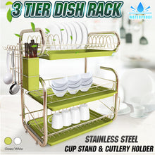 Load image into Gallery viewer, 3 Tier Kitchen Chrome Dish Drainer Cutlery Cup Plates Holder Sink Rack Drip Tray
