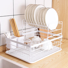 Load image into Gallery viewer, Metal Dish Drying Rack 2 Tier Wire Draining Board with Drip Tray Cutlery Holder White
