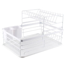 Load image into Gallery viewer, Metal Dish Drying Rack 2 Tier Wire Draining Board with Drip Tray Cutlery Holder White
