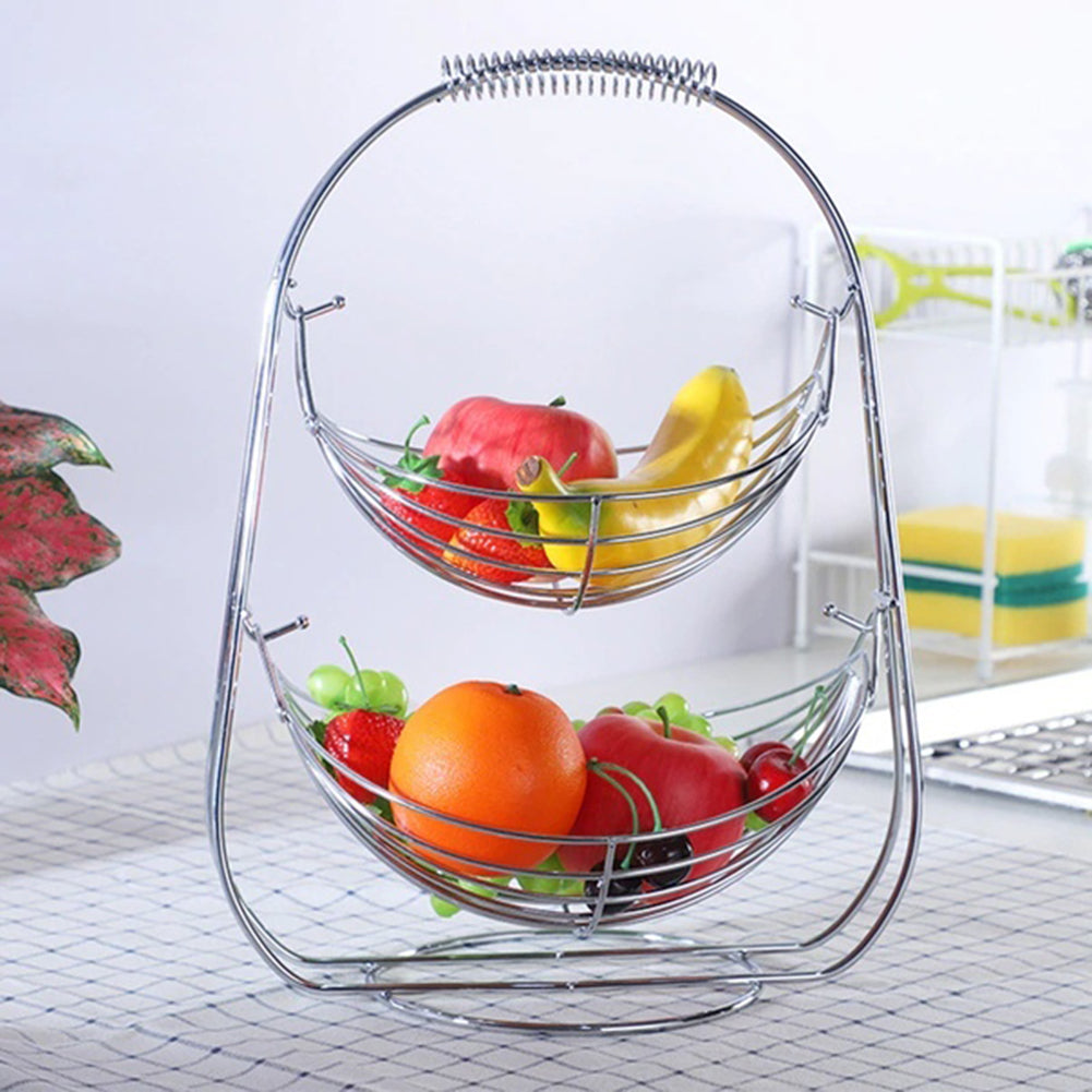 2 Tiers Swinging Fruit Vegetable Bowl Basket Hanger Stand Storage Holder