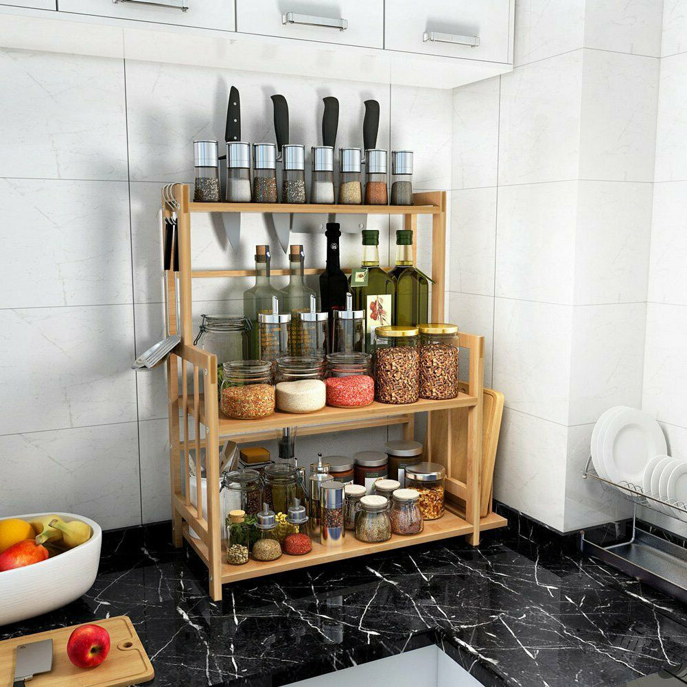 3-Tier Standing Spice Rack Kitchen Bathroom Countertop Storage Organizer with Knife Holder & Chopping Board Rack